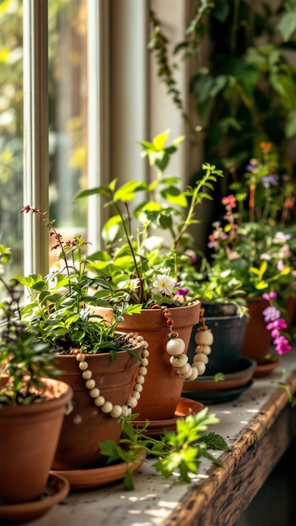 Terracotta pots decorated with beads, filled with vibrant plants on a windowsill