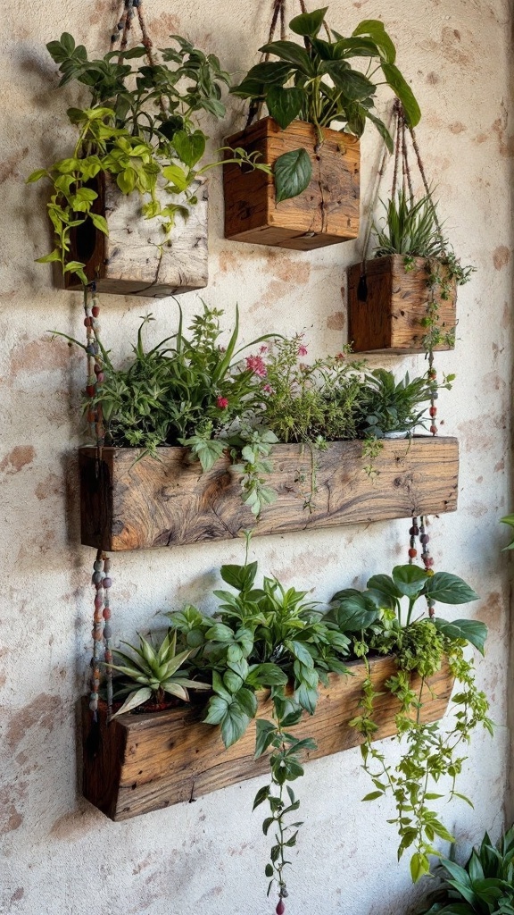 Wooden wall planters with various potted plants on a weathered wall