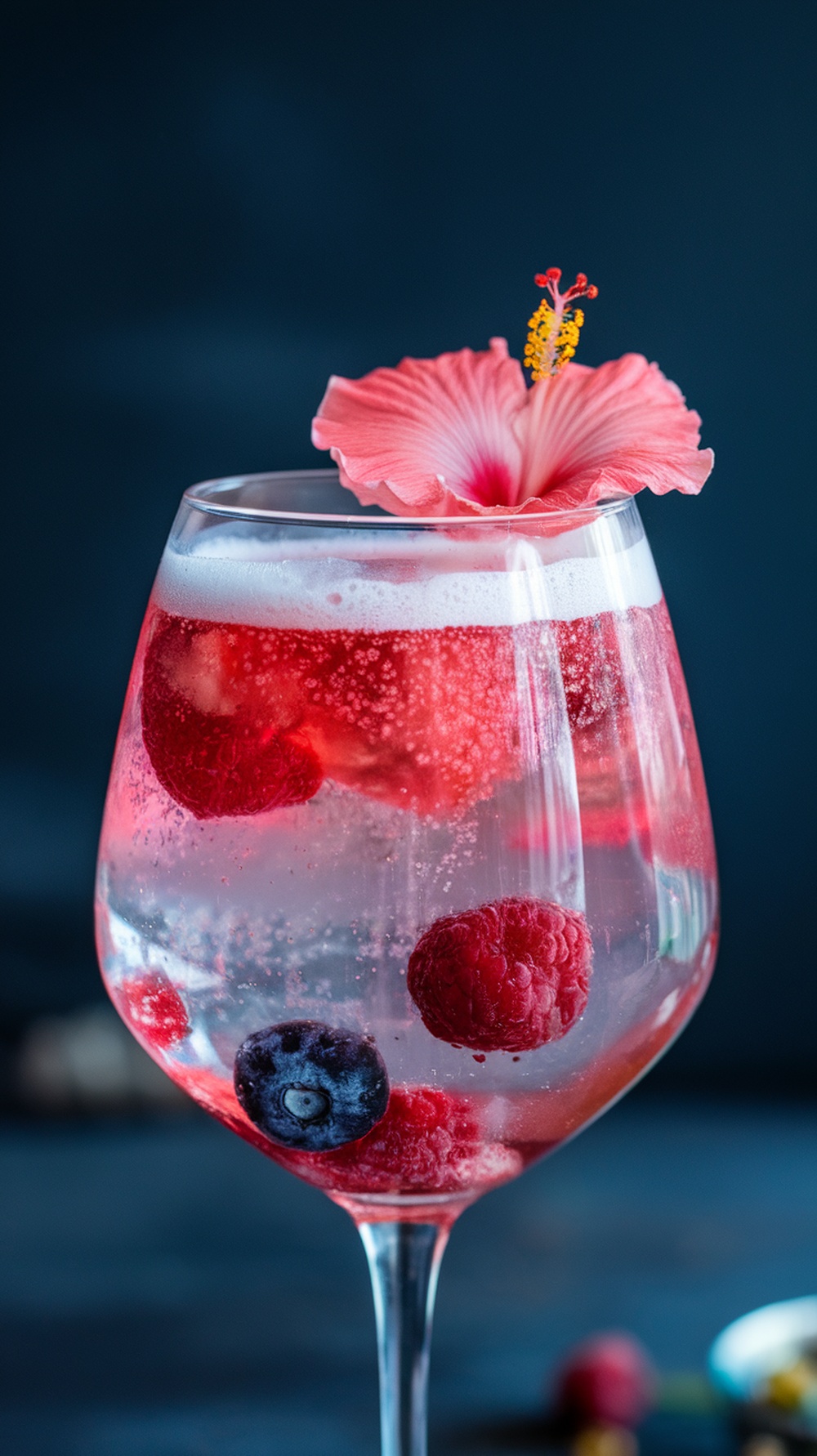A glass of Berry Sparkler with Hibiscus drink, featuring raspberries, blueberries, and a pink hibiscus flower on top.