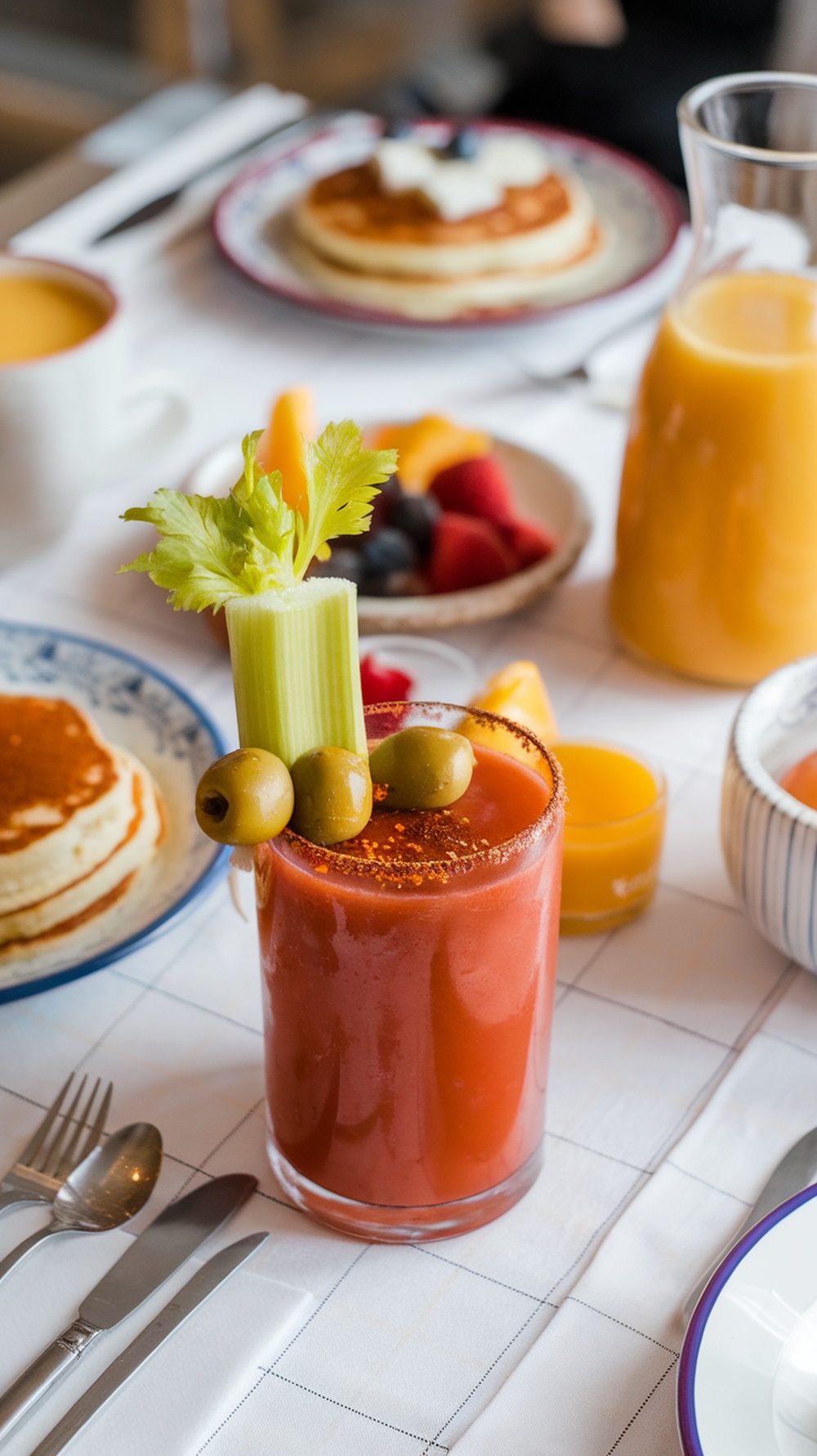 A refreshing Bloody Mary cocktail garnished with a celery stick, olives, and set on a brunch table.