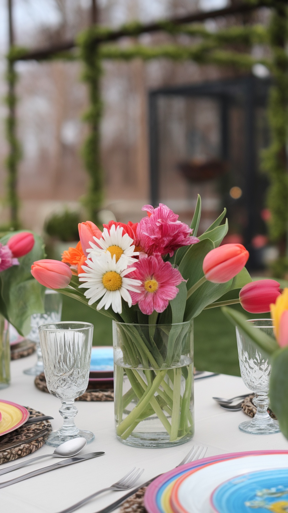 A spring table setting with a floral centerpiece of tulips, daisies, and other flowers in a clear vase, surrounded by colorful plates and glassware.