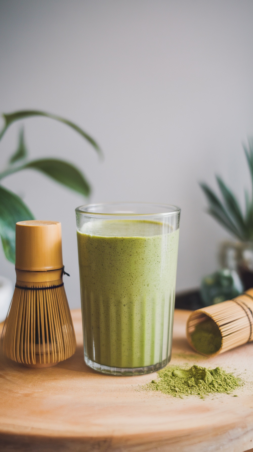 A refreshing green matcha smoothie in a tall glass with a bamboo whisk beside it.