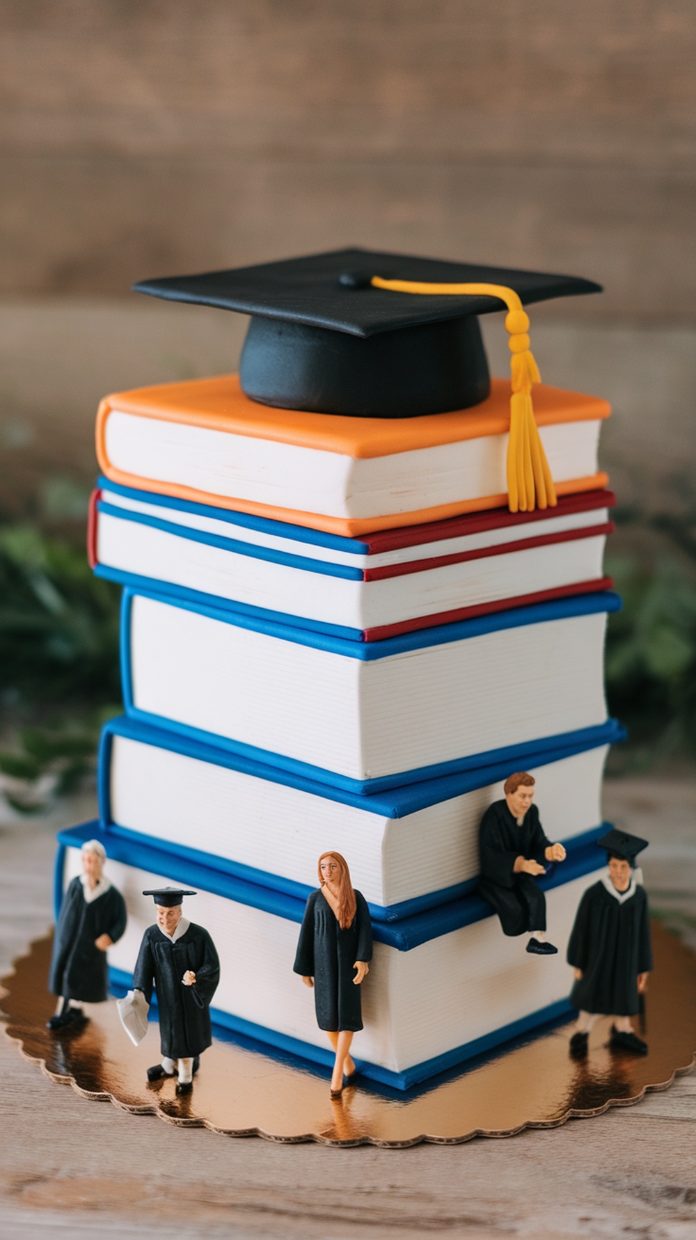 A graduation cake designed like stacked books with a mortarboard on top.