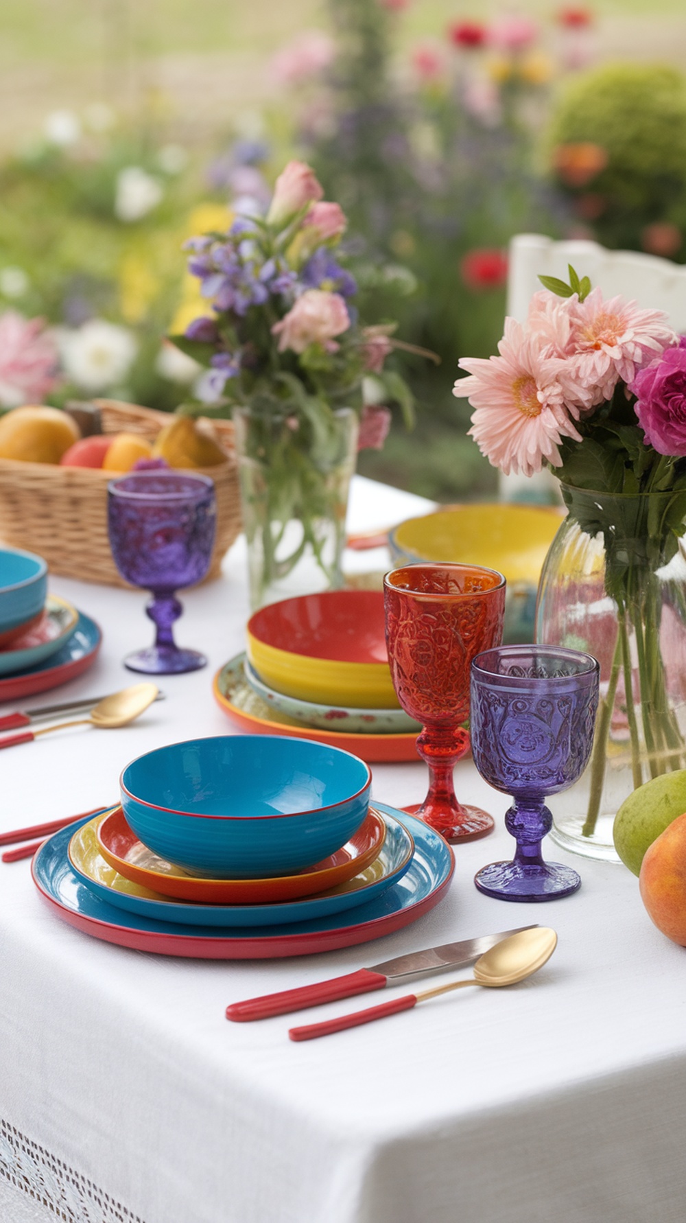 A bright and colorful outdoor tablescape featuring various vibrant dishes and glassware, complemented by fresh flowers.