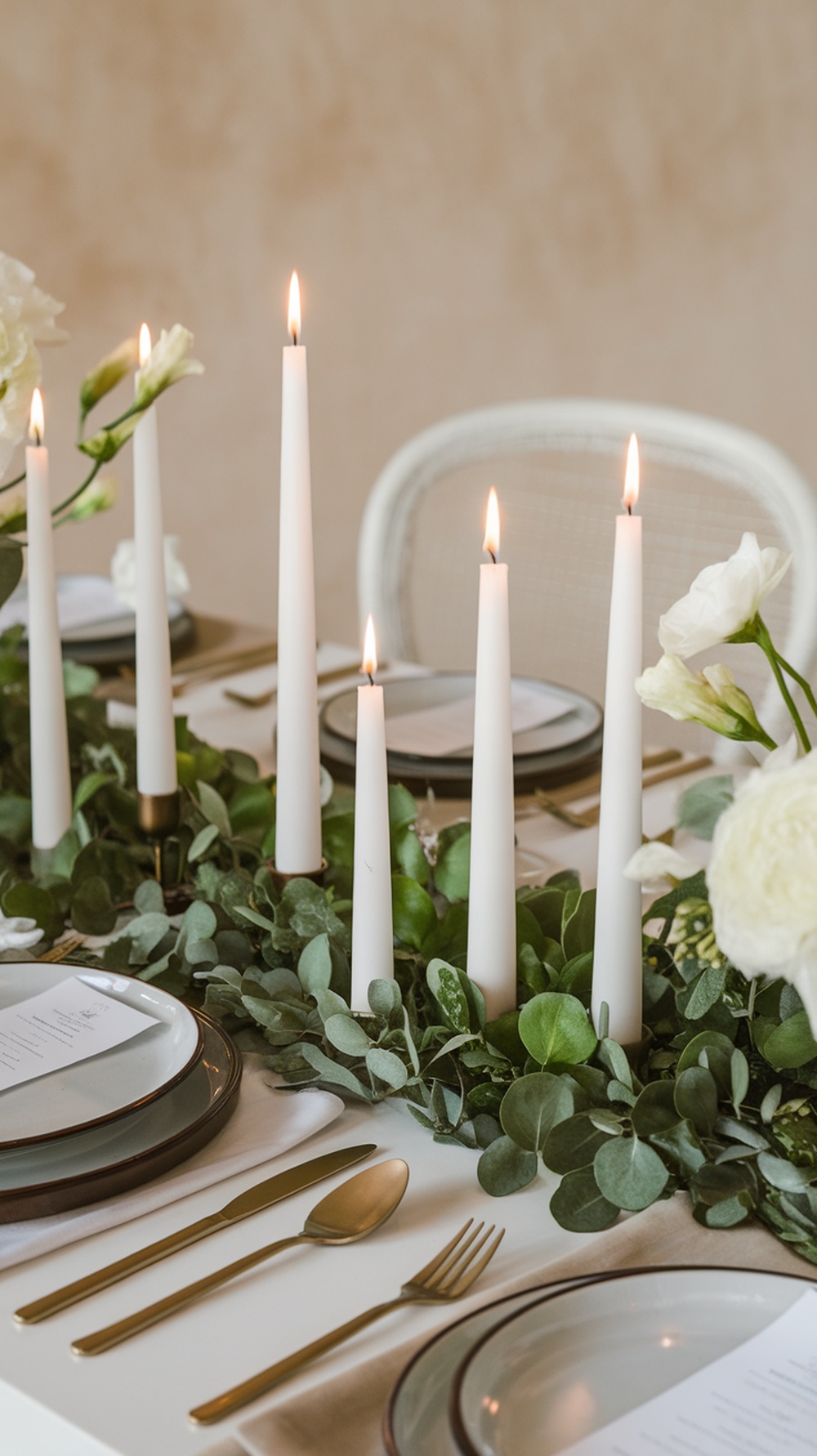 A beautifully set table with white candles, greenery, and elegant tableware.