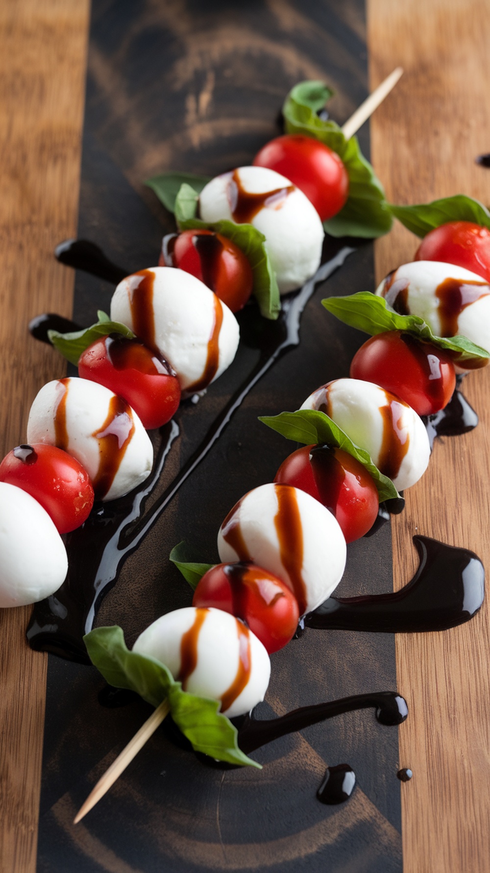 Caprese skewers with cherry tomatoes, mozzarella, and basil drizzled with balsamic glaze.