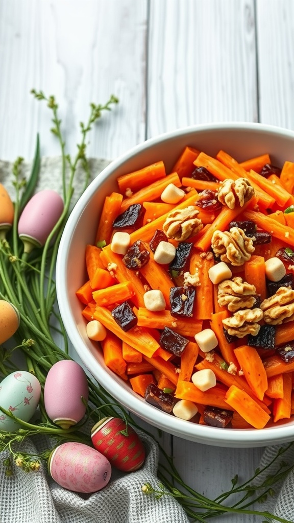 A bowl of colorful carrot and raisin salad with nuts.
