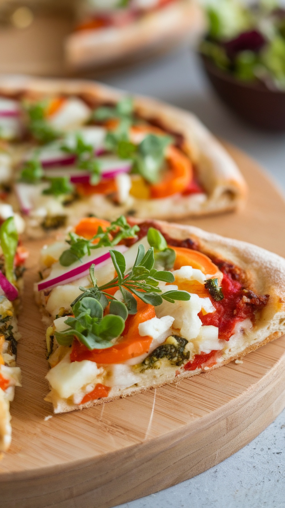 A slice of cauliflower pizza topped with fresh vegetables and herbs on a wooden serving board.