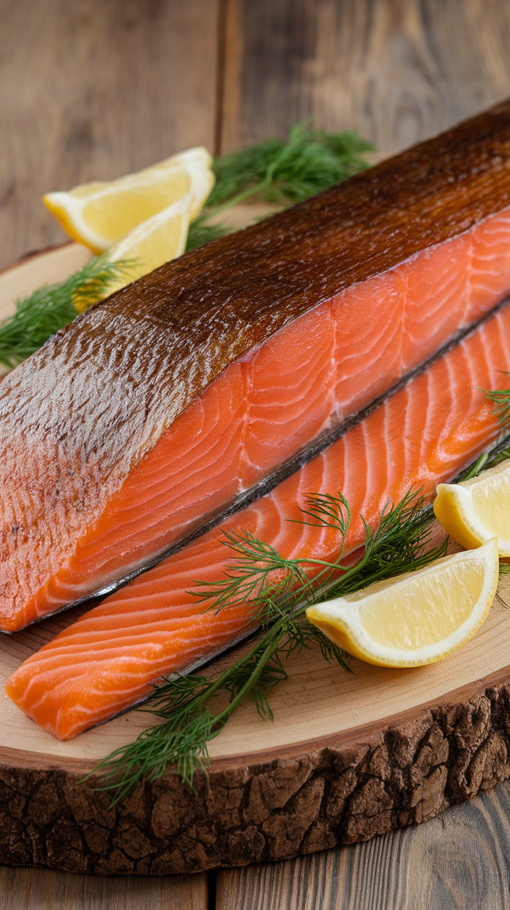 Cedar plank smoked salmon garnished with dill and lemon