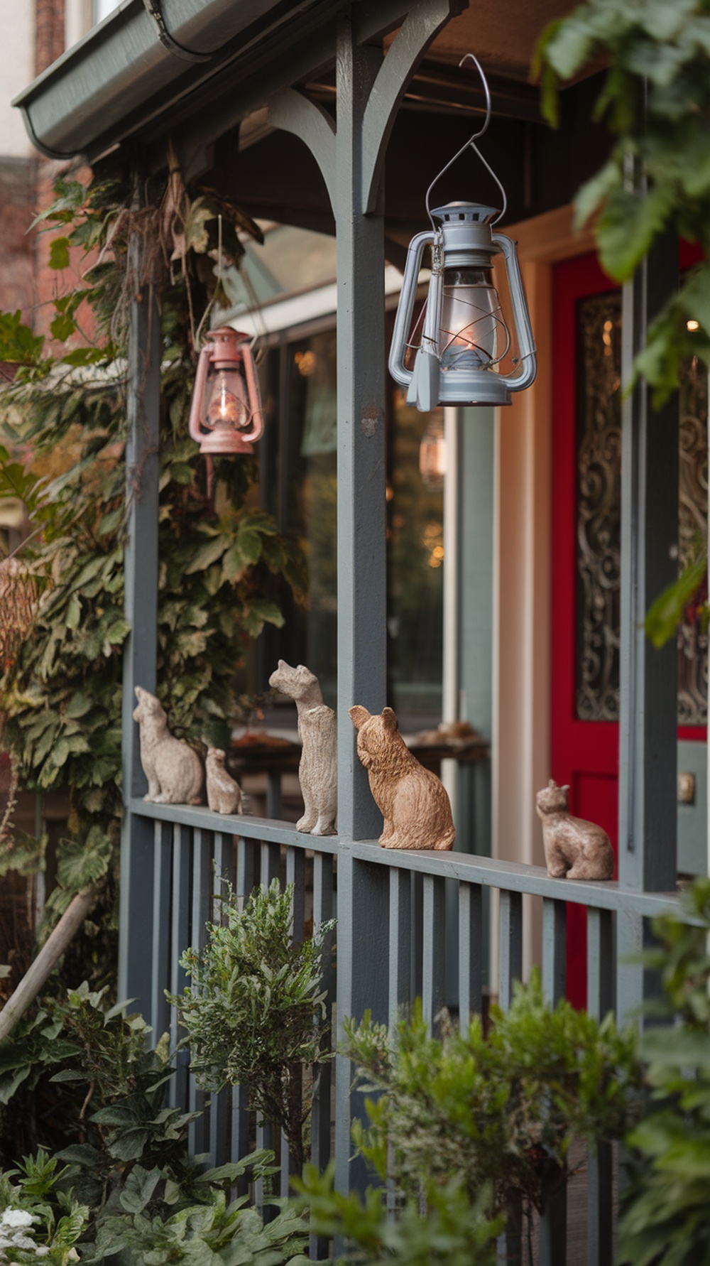 A charming porch with animal figurines, hanging lanterns, and a vibrant red door.