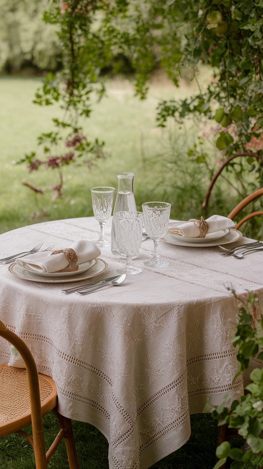 A charming outdoor table setting with an embroidered tablecloth, crystal glasses, and elegant dinnerware.