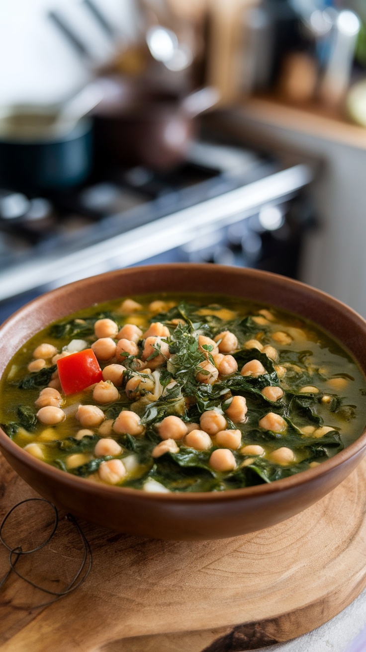 A bowl of chickpea and spinach stew with crusty bread on the side.