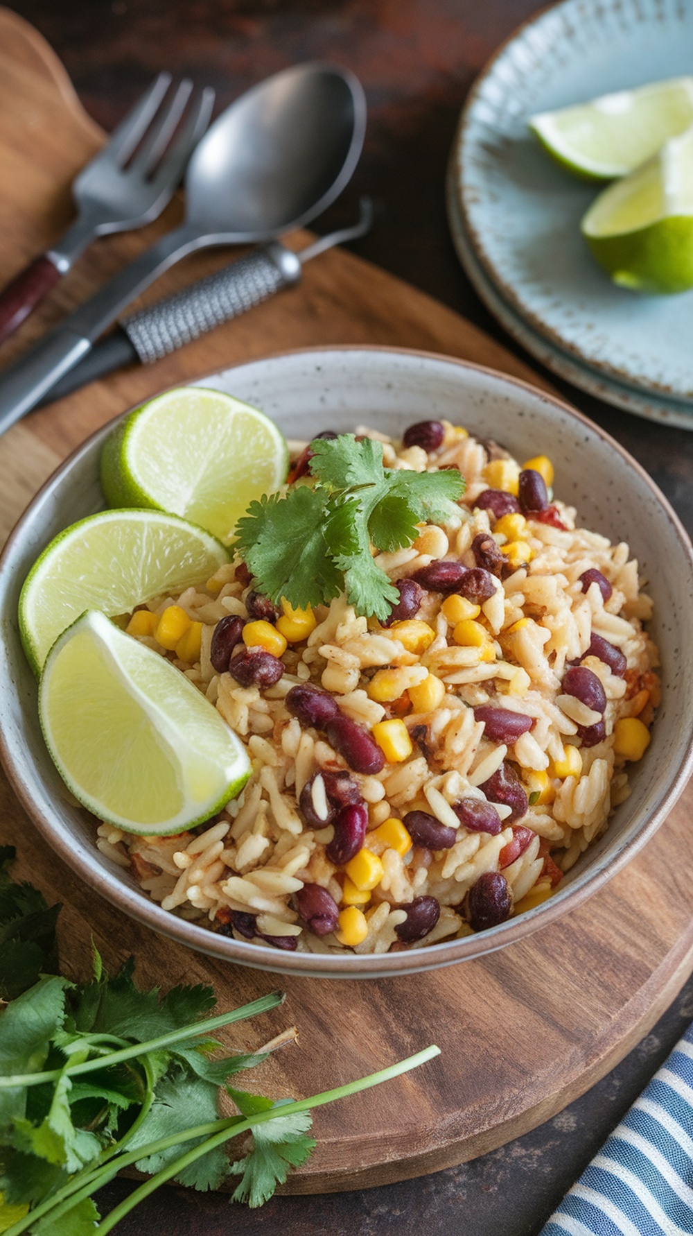 A bowl of Chili Lime Orzo with Black Beans, garnished with lime wedges and cilantro.