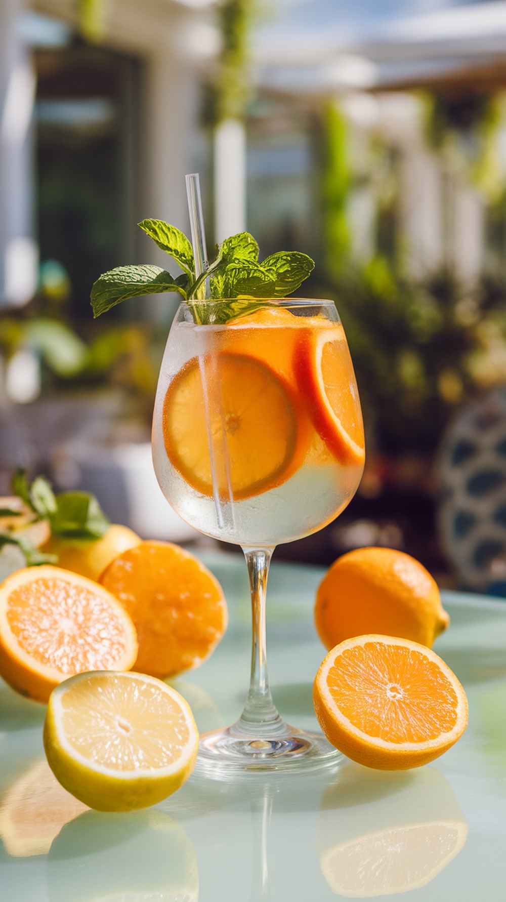A glass of Citrus Spritz with Fresh Mint, featuring orange and lemon slices, surrounded by whole and halved citrus fruits.