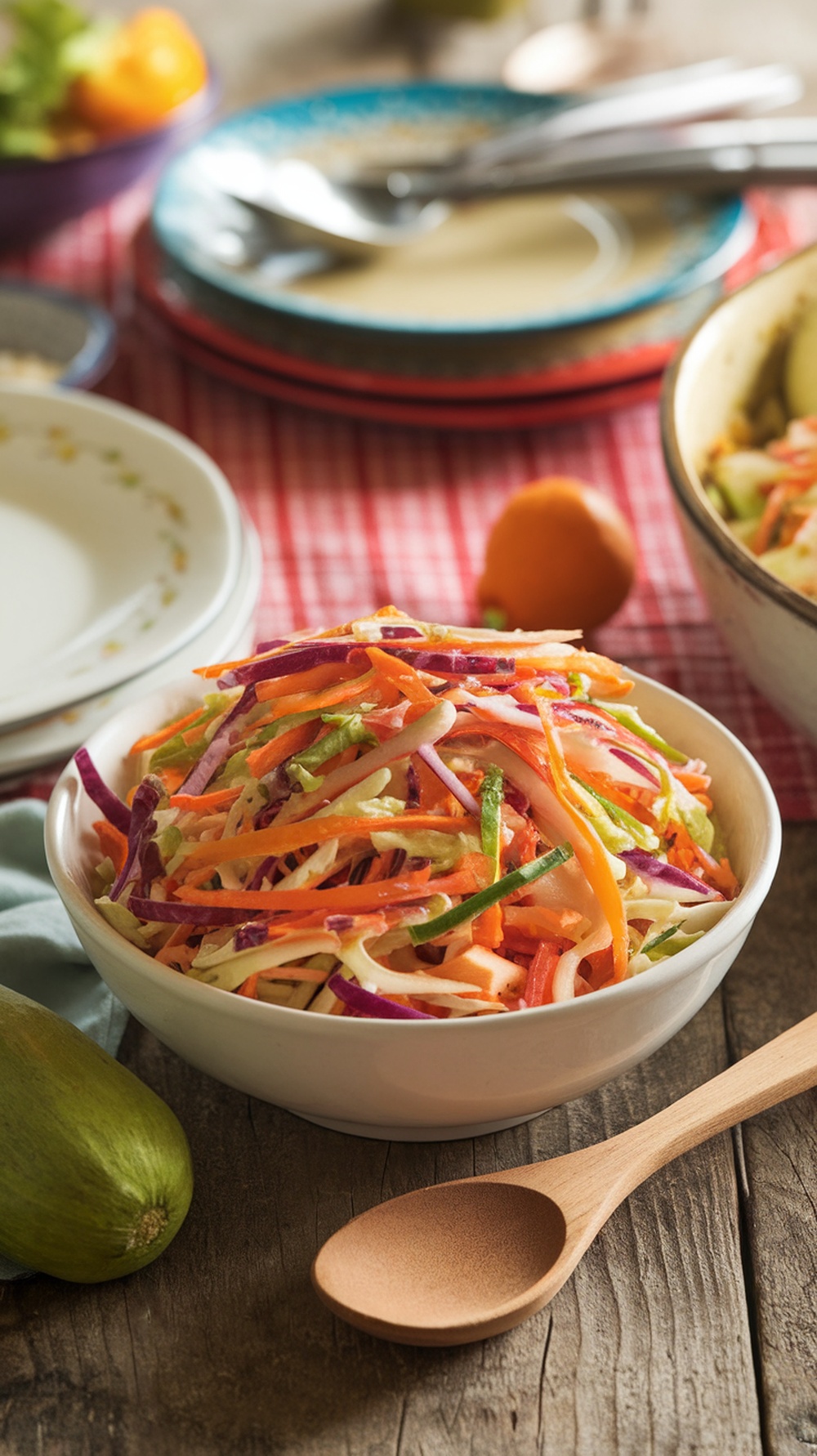A bowl of colorful coleslaw with shredded cabbage and carrots, garnished with a wooden spoon.
