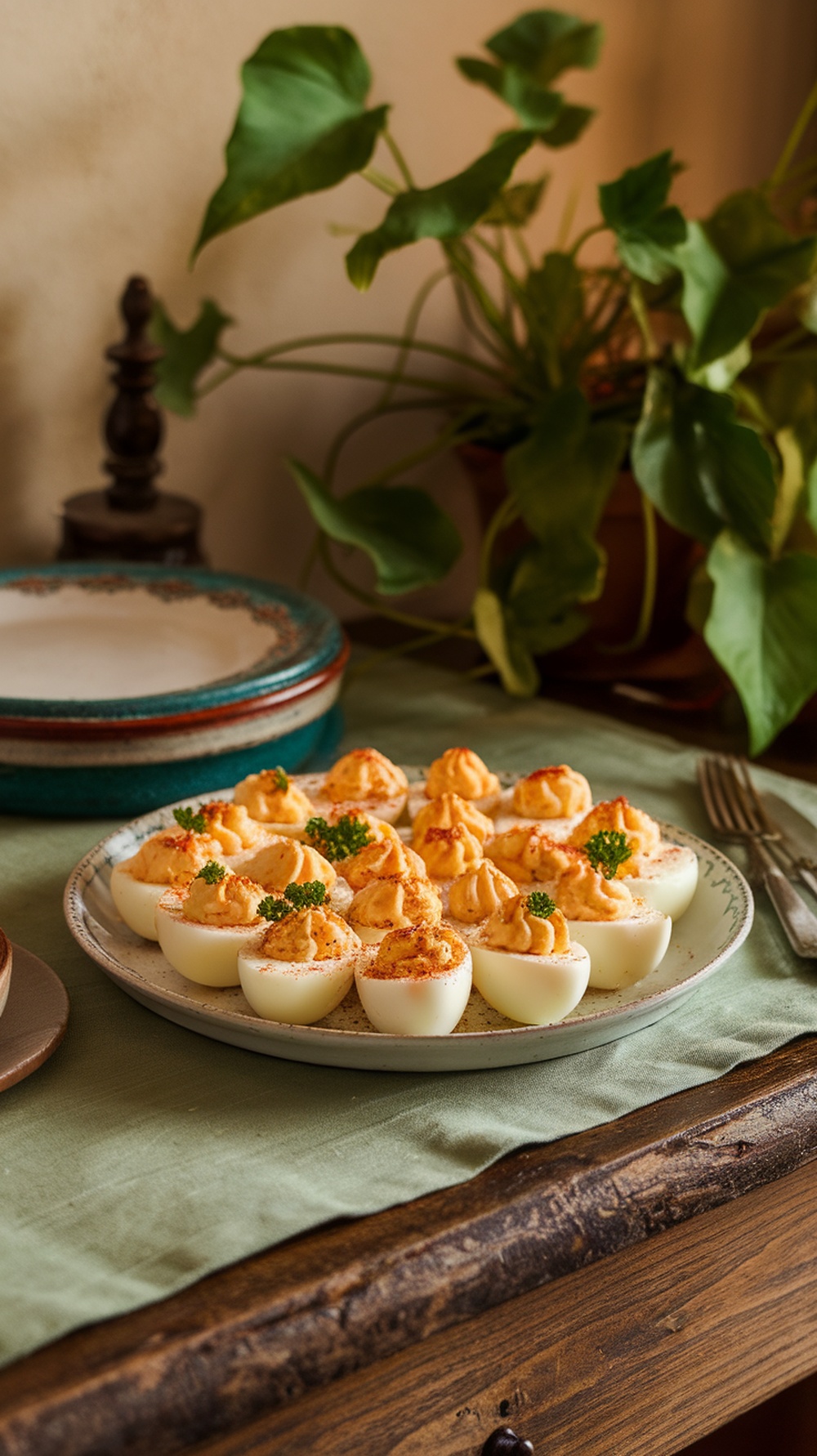 Classic deviled eggs garnished with paprika and parsley