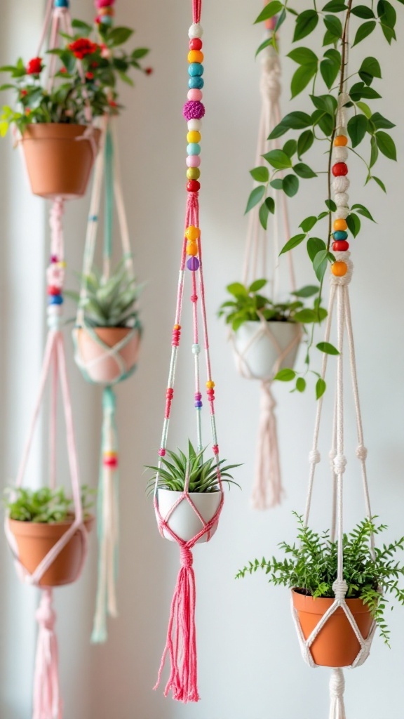 Colorful beaded macramé plant hangers showcasing various plants in pots