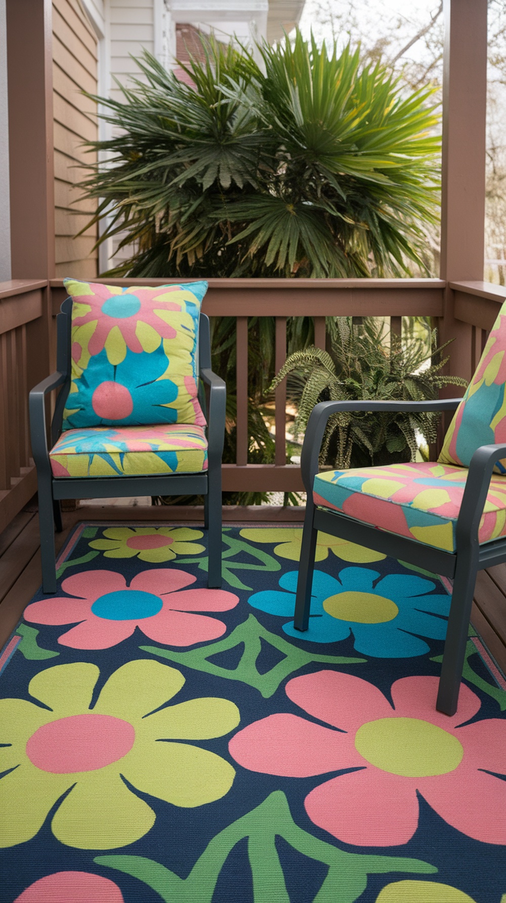 A small porch with a colorful outdoor rug featuring large floral designs, complemented by matching cushions on chairs.