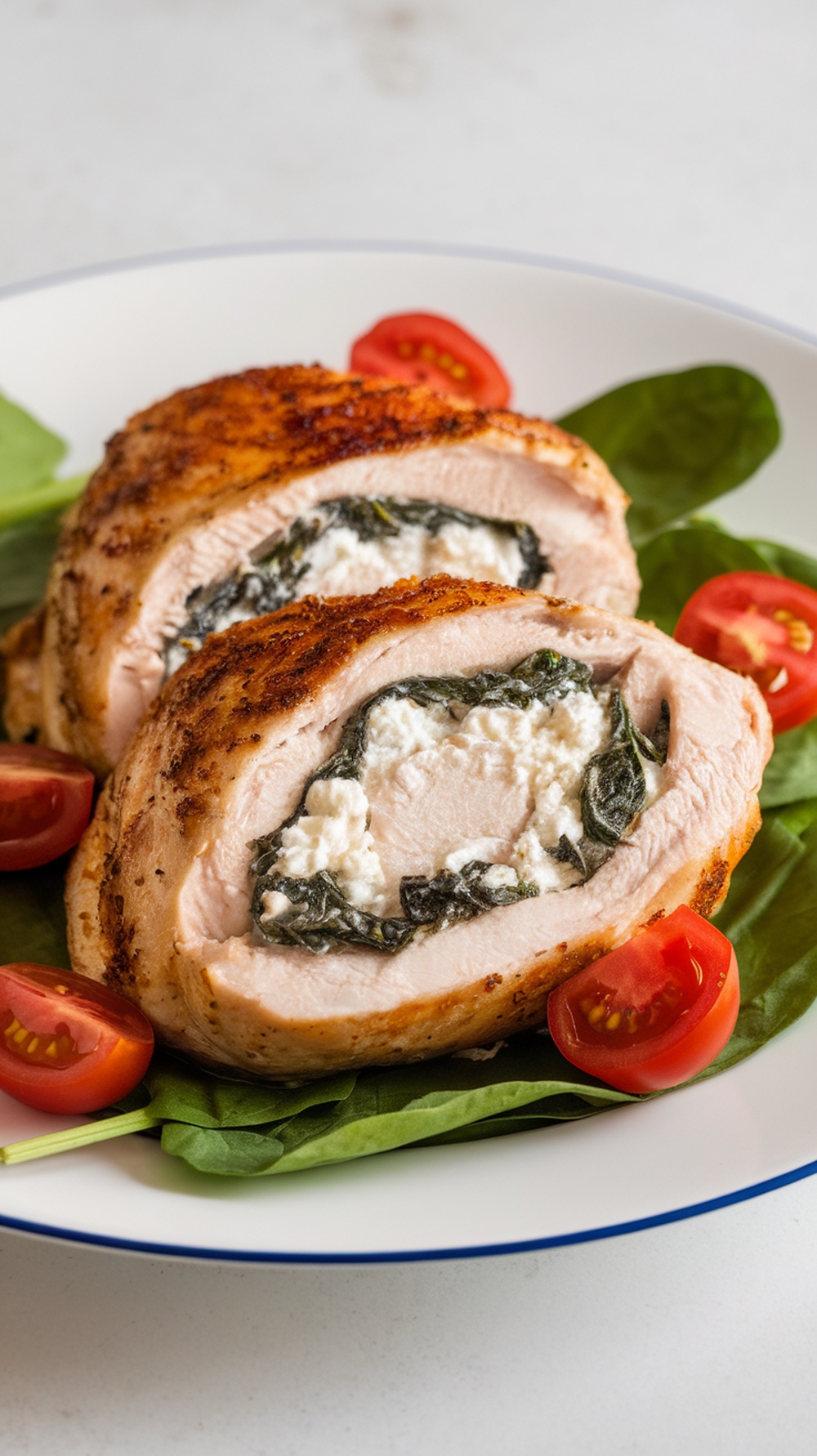 Cottage Cheese and Spinach Stuffed Chicken served with spinach and tomatoes.