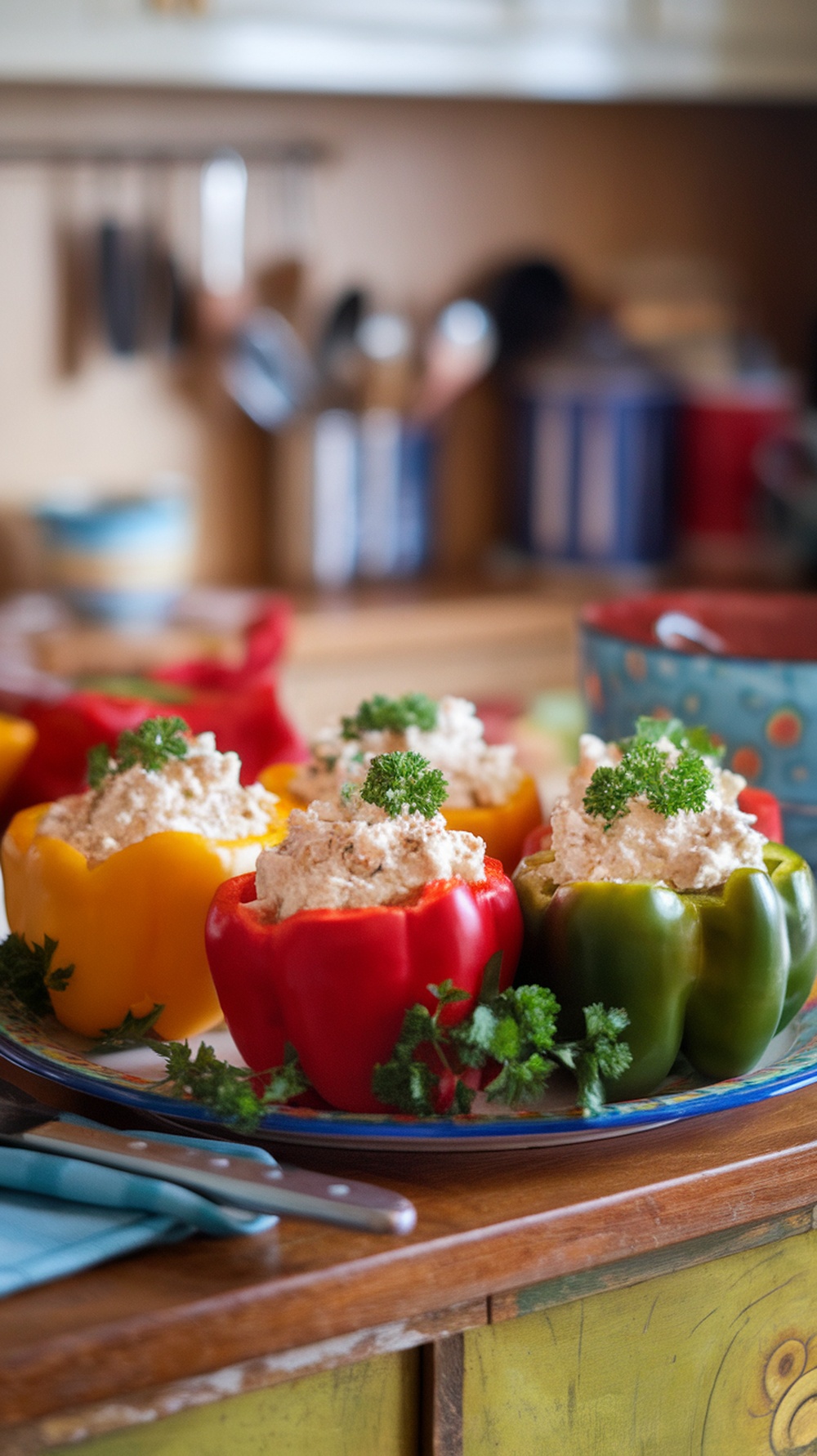 Colorful bell peppers stuffed with cottage cheese and garnished with fresh herbs.