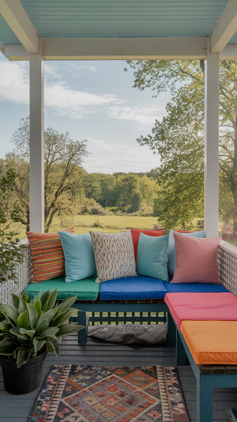 Colorful seating arrangement on a porch with cushions and a plant.