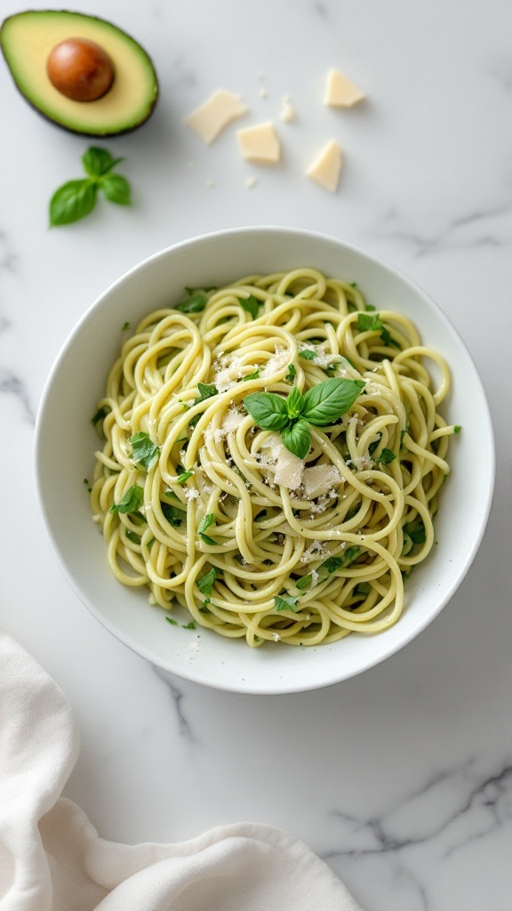 A bowl of creamy avocado pasta garnished with fresh herbs and cheese.