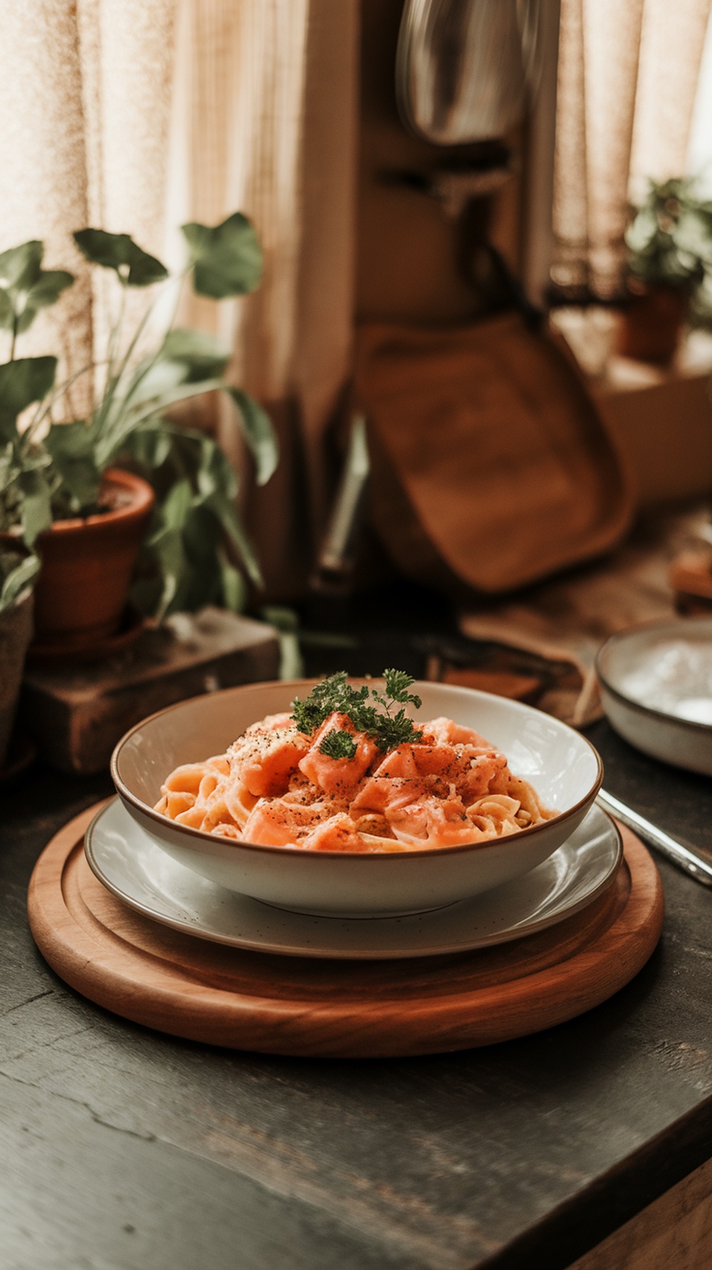 Creamy salmon pasta served in a bowl with herbs.