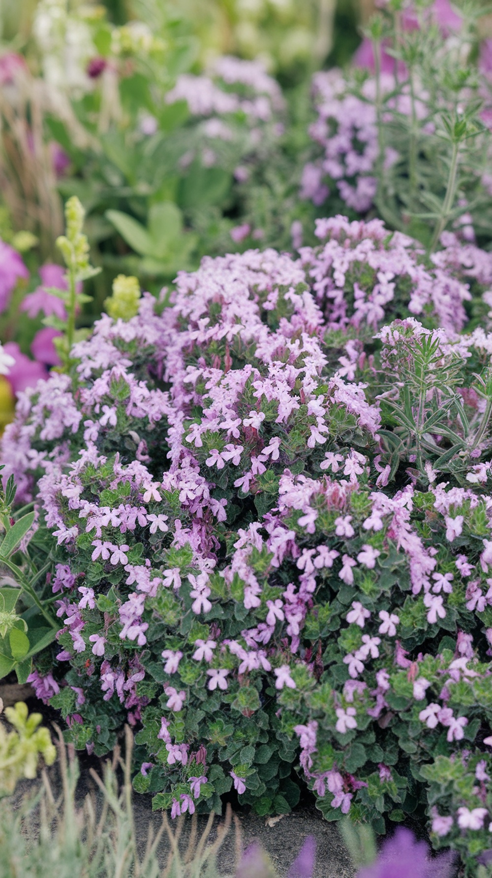 A cluster of vibrant purple creeping thyme flowers surrounded by lush green foliage.