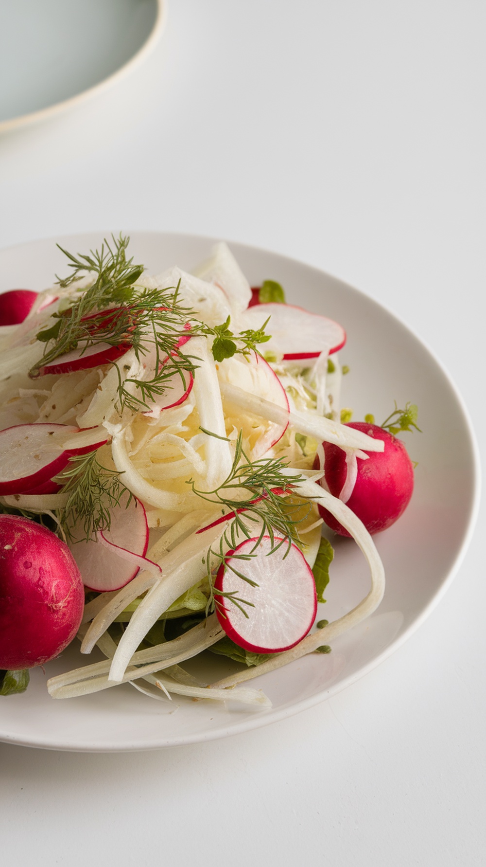 A fresh salad featuring radishes, shaved fennel, and mixed greens