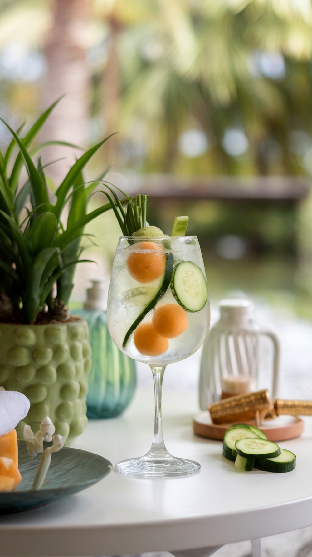 A refreshing Cucumber Melon Spritz drink with melon balls and cucumber slices in a glass.