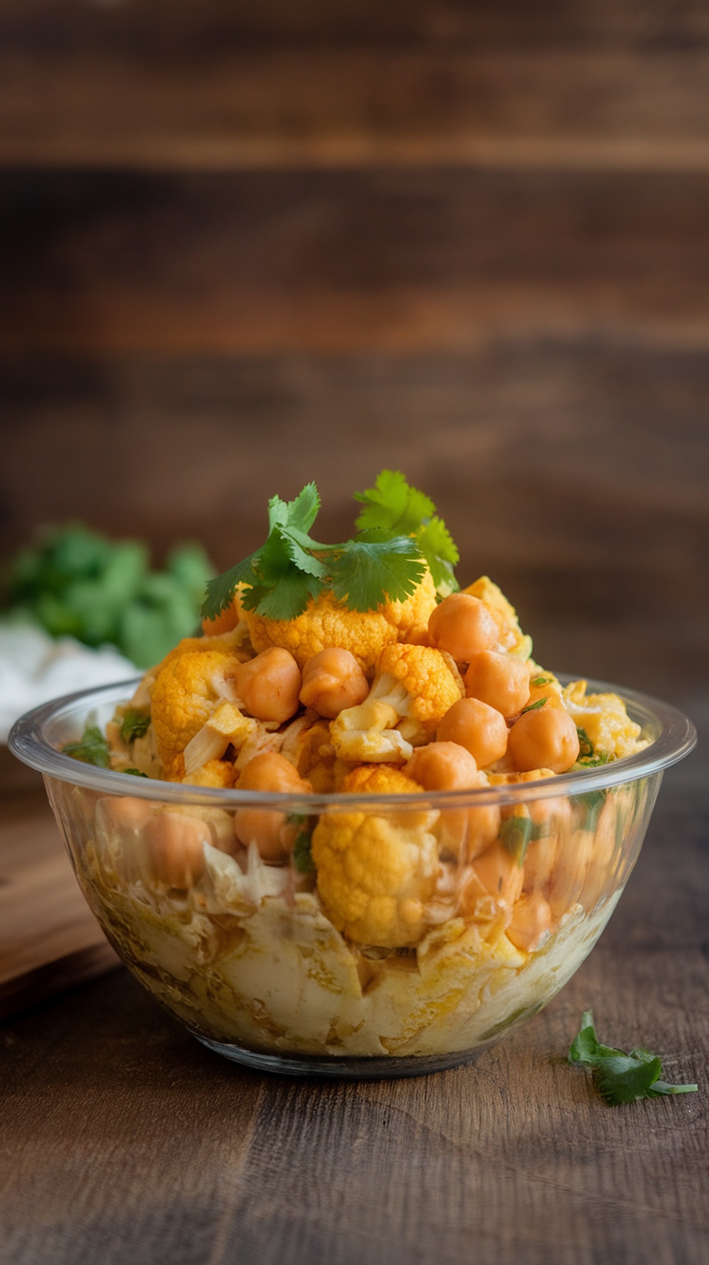 A bowl of curried cauliflower and chickpea salad topped with cilantro