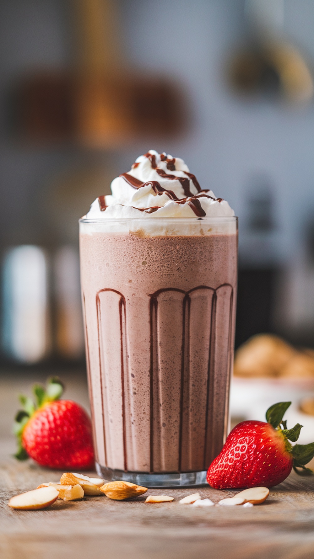 A delicious chocolate milkshake protein smoothie topped with whipped cream and chocolate syrup.