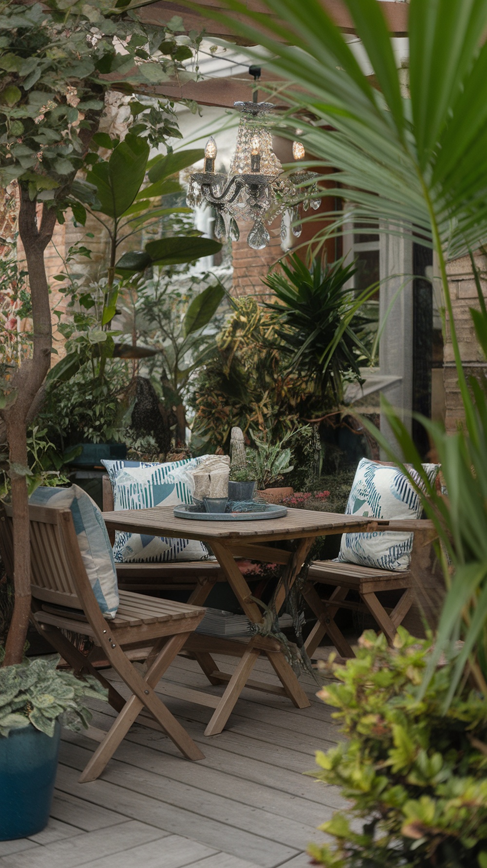 A cozy outdoor seating area with a wooden table, potted plants, and decorative cushions, suggesting the use of outdoor curtains for privacy.