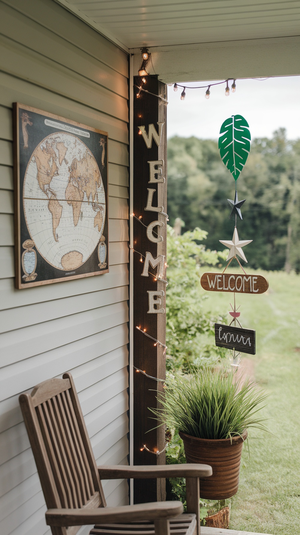 Decorative porch area with a world map, wooden welcome sign, and string lights