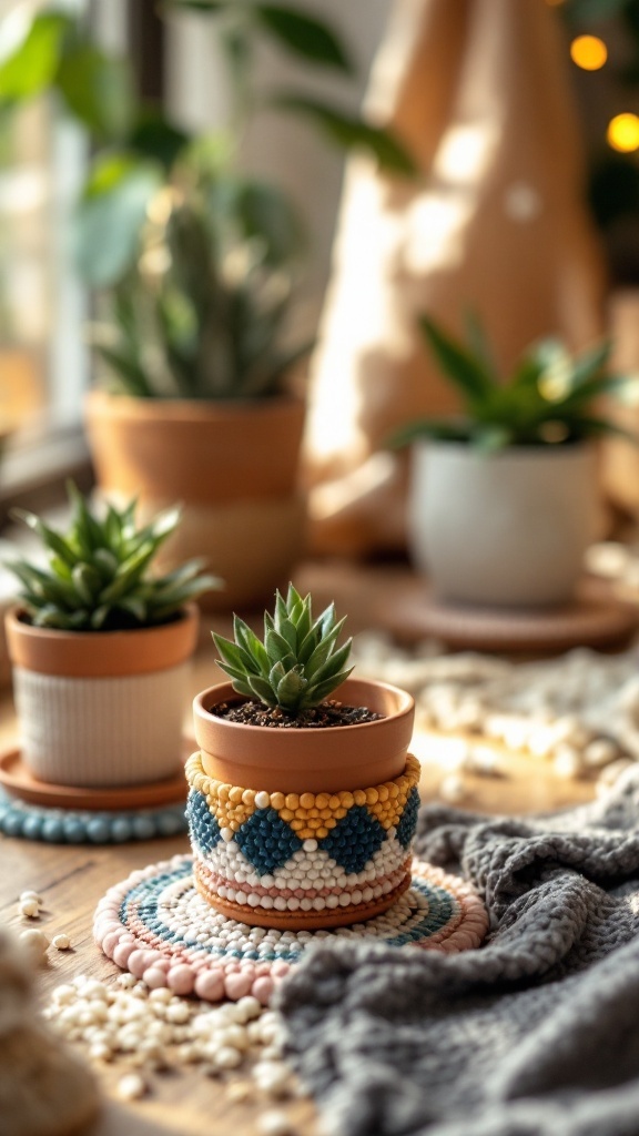 Colorful beaded coasters under potted plants on a wooden table