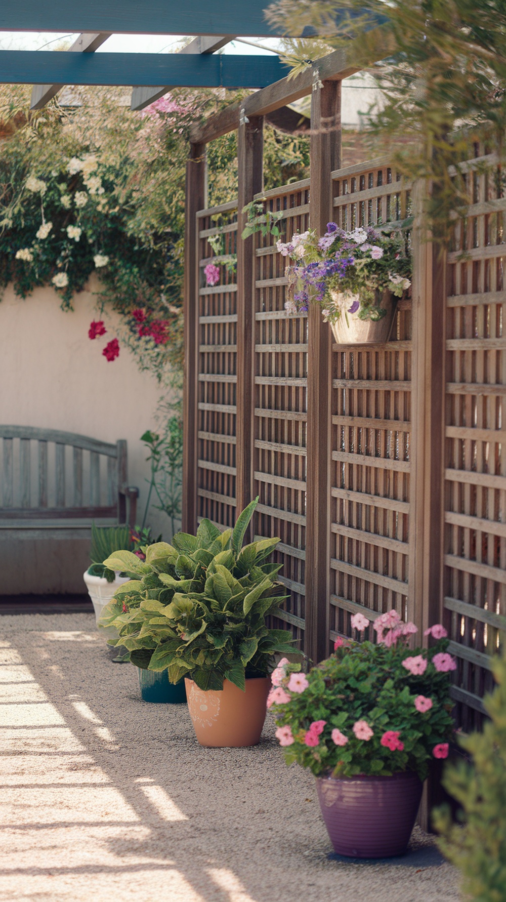 A wooden lattice screen adorned with flowers and plants, creating a private outdoor space.