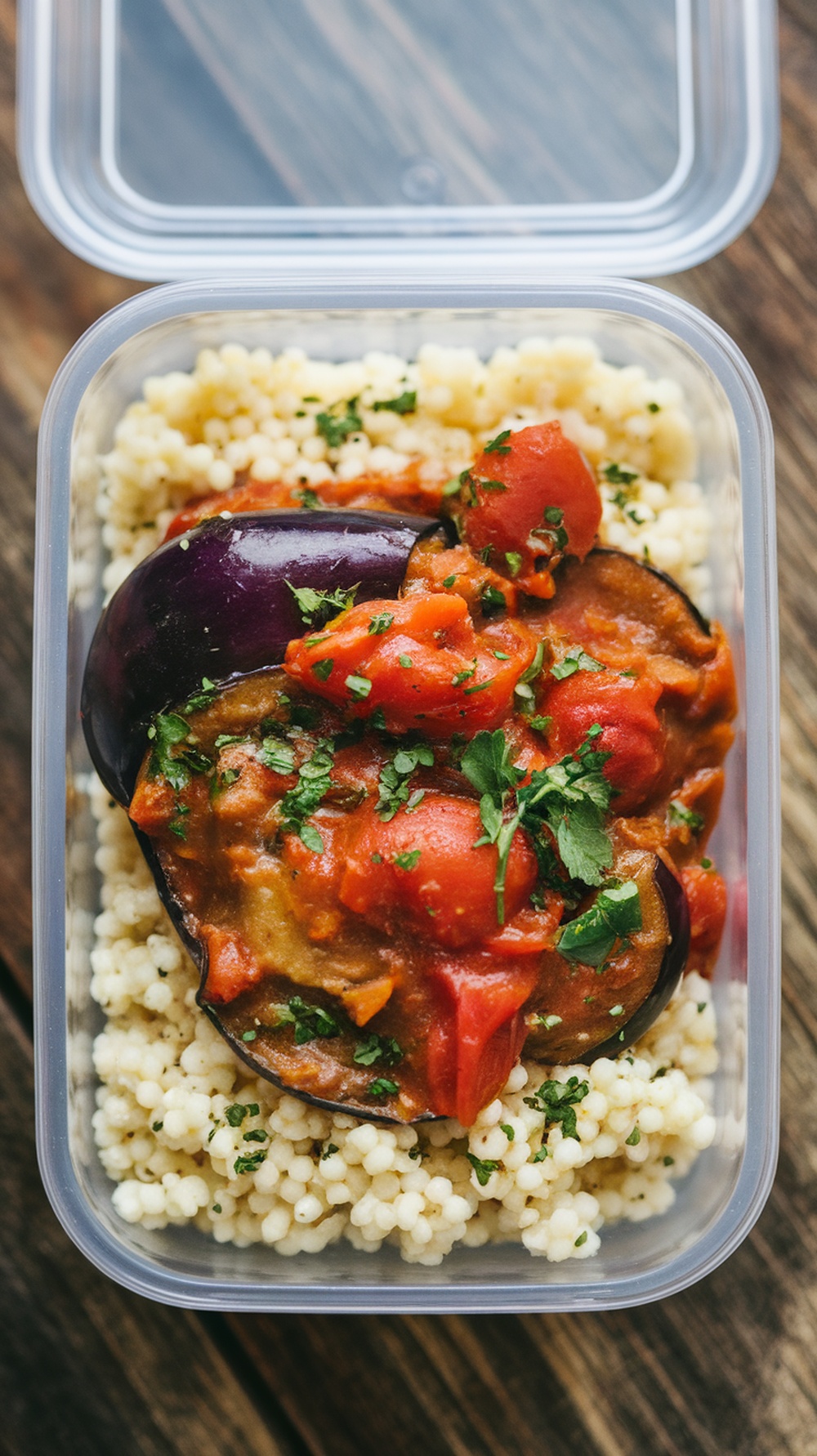 Eggplant and Tomato Stew served over couscous in a meal prep container.