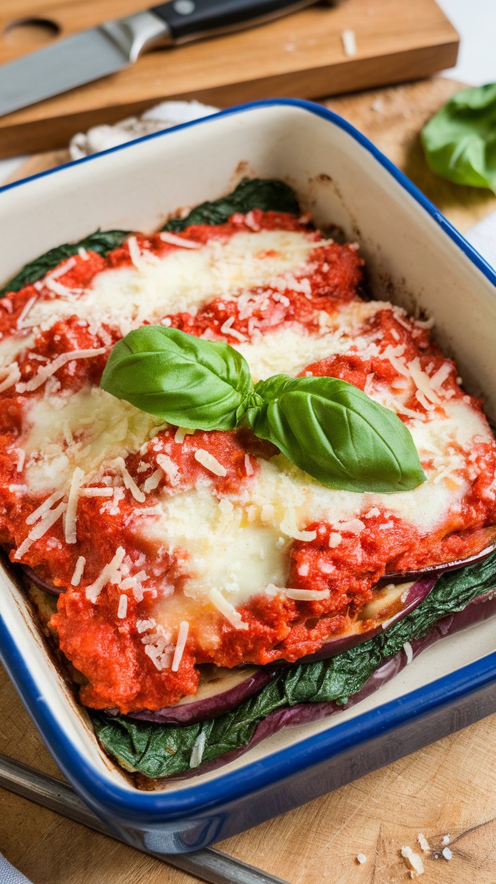 A delicious serving of Eggplant Parmesan with Spinach, topped with cheese and fresh basil.