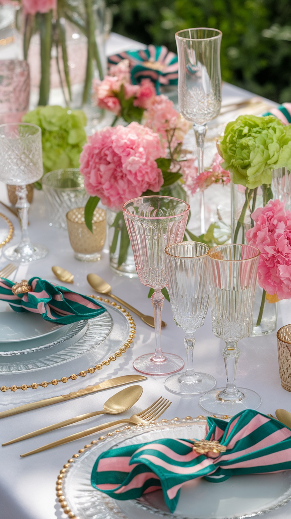 A beautifully arranged spring tablescape featuring elegant glassware, flowers, and golden cutlery.
