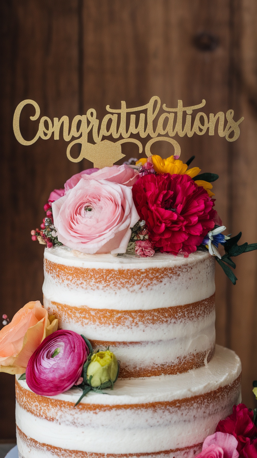 Floral graduation cake with colorful flowers and a congratulations topper.