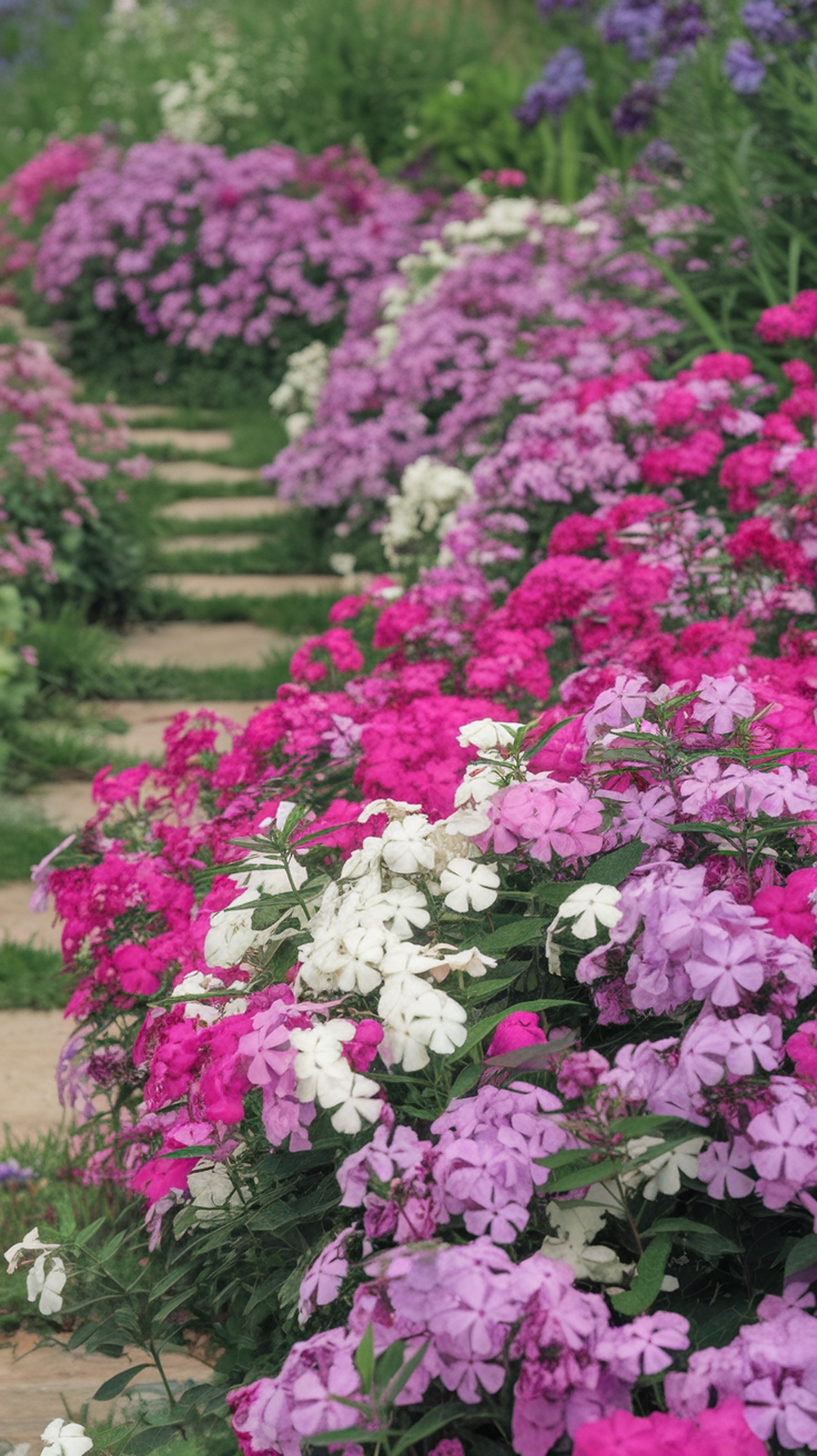 Colorful blooming Creeping Phlox along a stone pathway