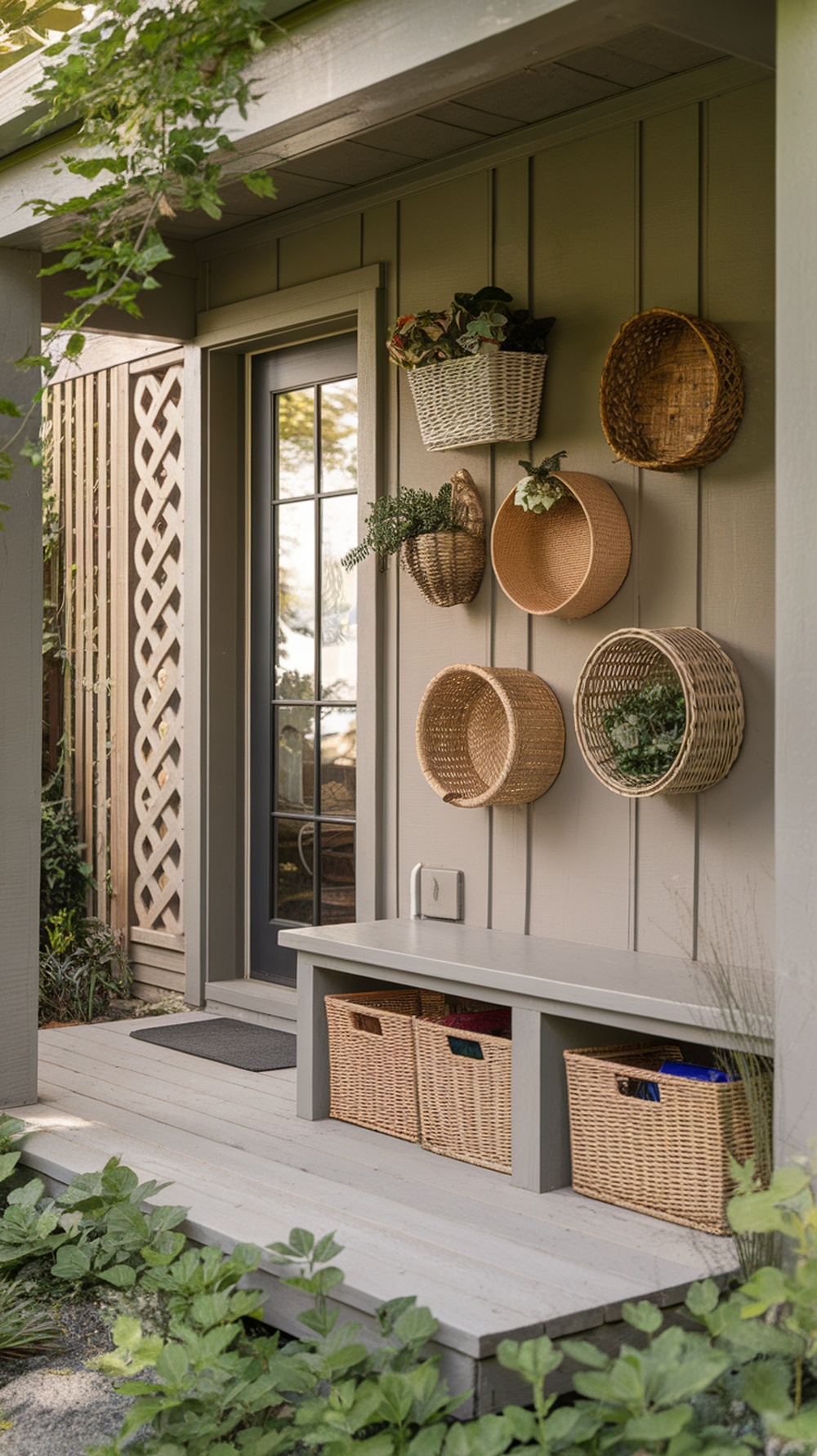 A small porch with wall-mounted baskets and a storage bench