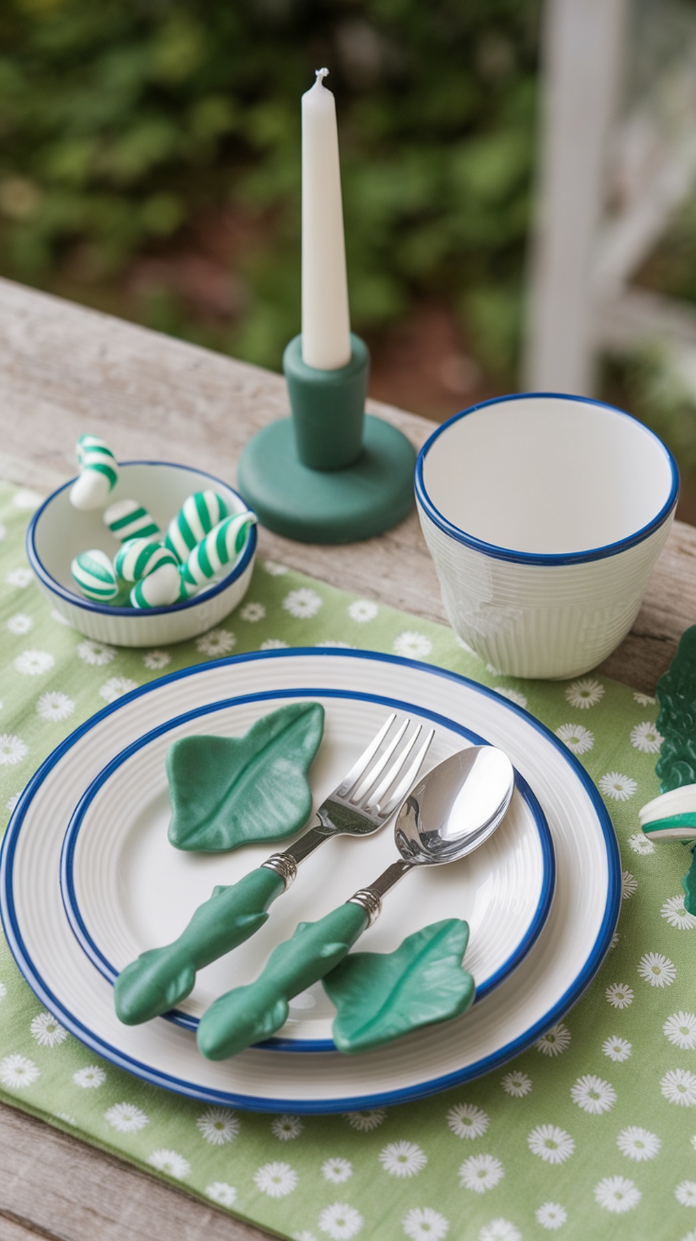 A garden-inspired table setting with leafy utensils, blue-rimmed plates, and a green candle on a floral tablecloth.