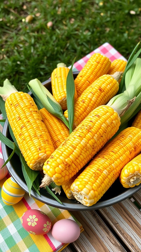 Delicious garlic butter corn on the cob ready to be served for Easter dinner.