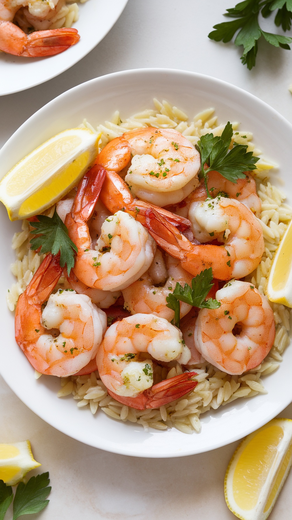 A plate of Garlic Butter Shrimp served on orzo pasta with lemon wedges and parsley.