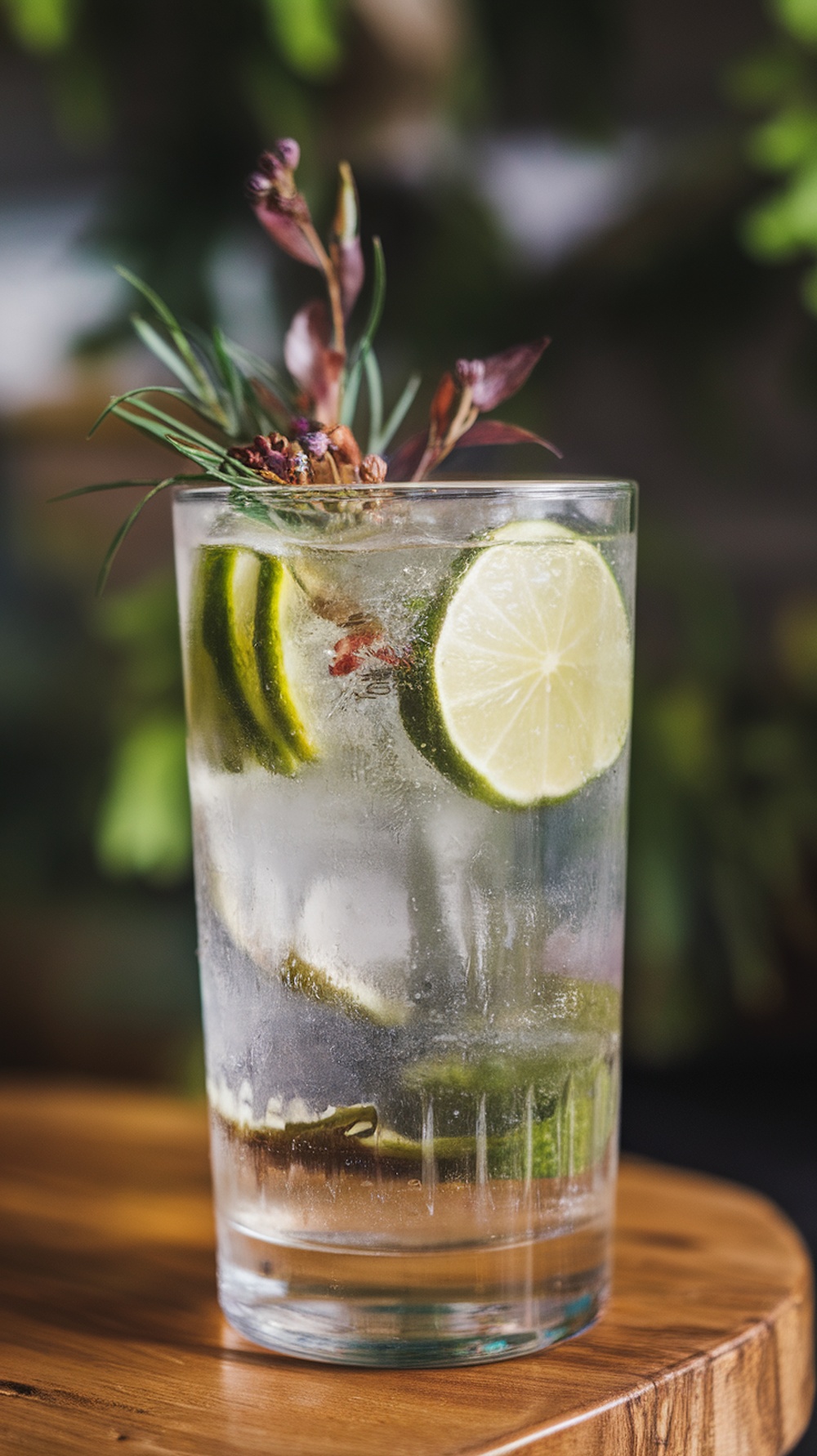 A refreshing gin and tonic cocktail garnished with lime and botanicals.
