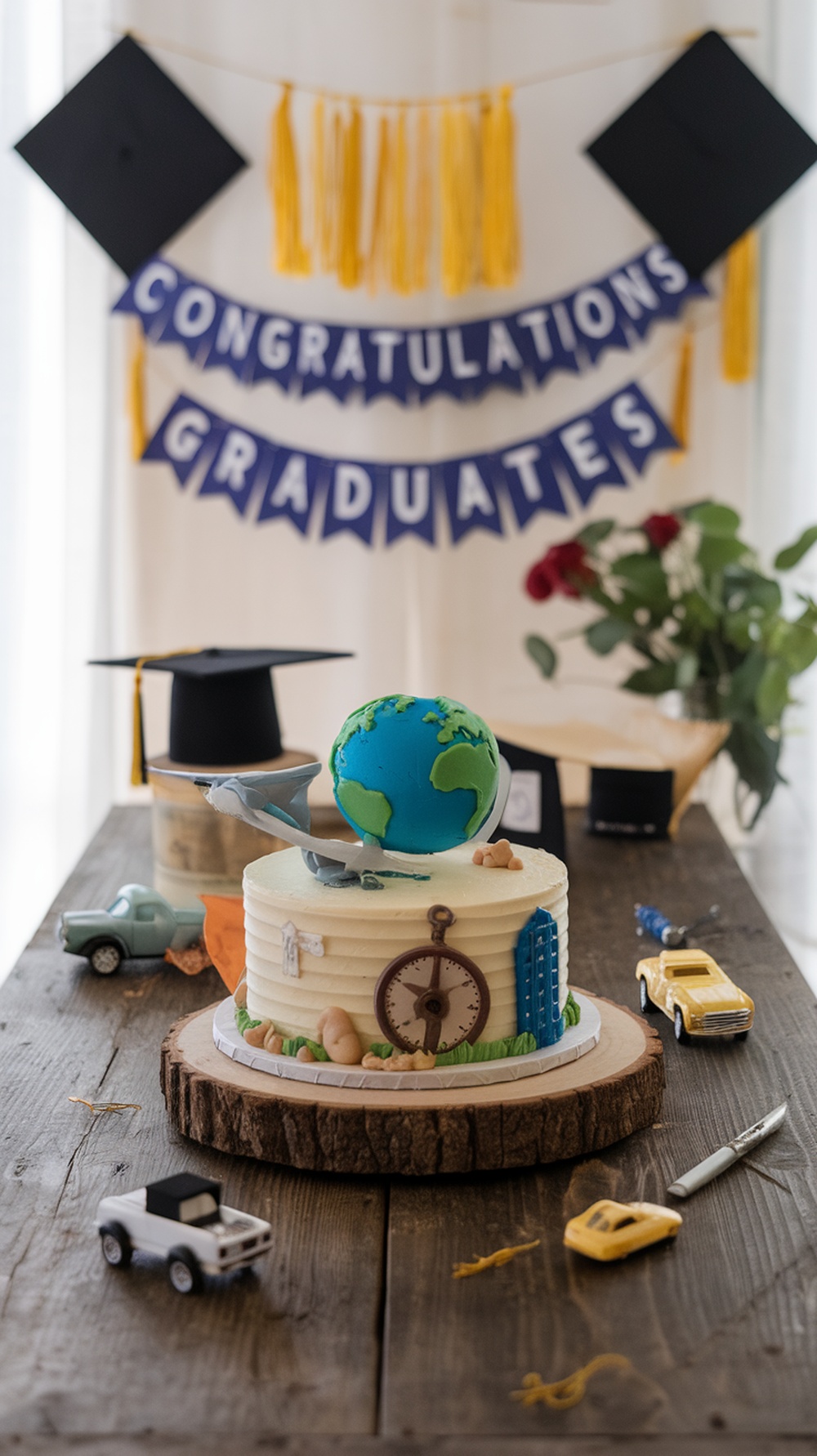 A beautifully designed graduation cake featuring a globe and compass, symbolizing adventure and new beginnings.