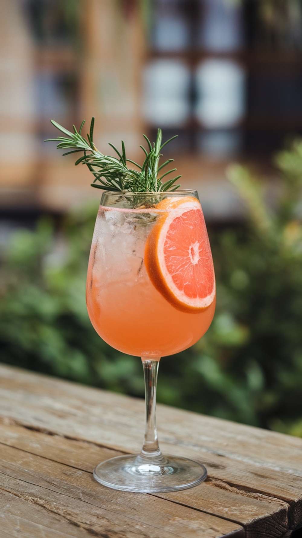 A refreshing grapefruit rosemary sparkler drink in a stylish glass, garnished with a slice of grapefruit and rosemary.