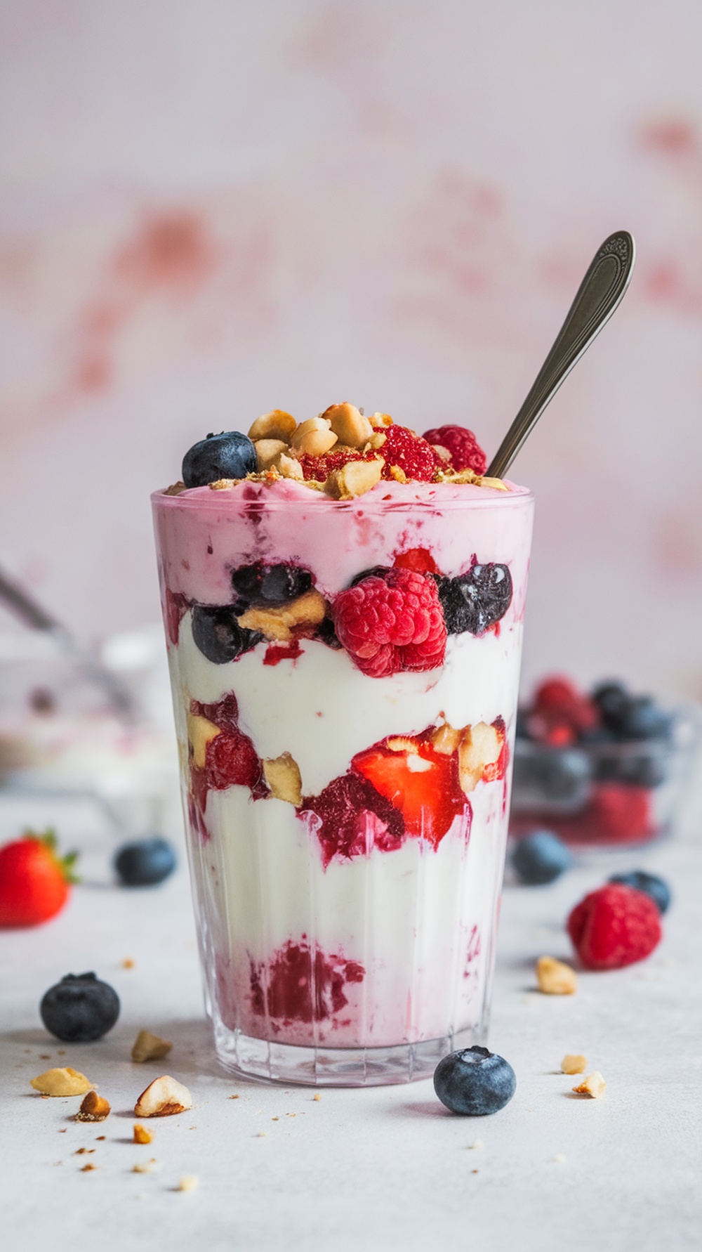 A delicious Greek Yogurt Parfait with layers of berries and nuts in a glass