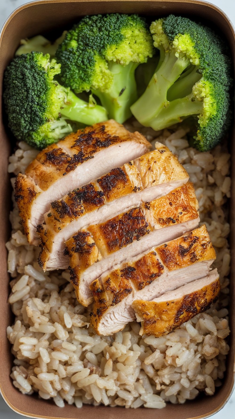 A meal prep container with grilled chicken, brown rice, and steamed broccoli.